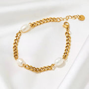 Vintage Pearl Charm Cuban Link Chain Bracelet 18K Gold Plated Stainless Steel Chain Bracelet
