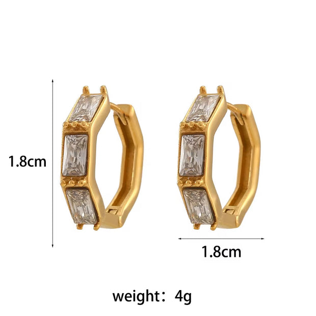 18K Gold Plated Shining Zircon Hoop Earring Tarnish Free Bamboo Shape Stainless Steel Huggies Hoop Earring