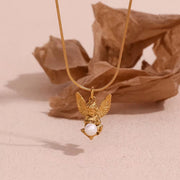 Vintage Pearl Angel Pendant Necklace and Earring Set Gold Plated Stainless Steel Jewelry Set