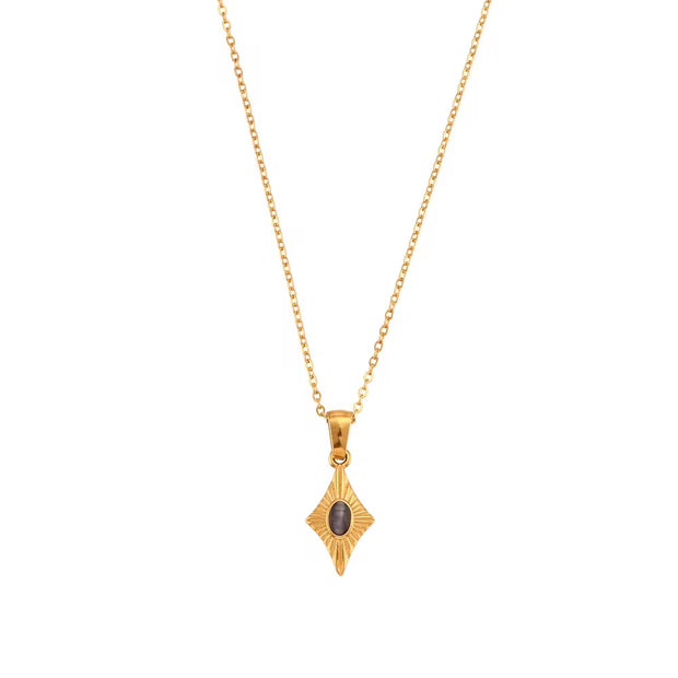 Vintage Engraved Rhombic Colorful Man-Made Opal Pendant Necklace 18K Gold Plated Stainless Steel Necklace Design Jewelry