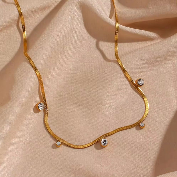 18K Gold Plated Snake Chain Necklace round Zircon Charm Stainless Steel Chain Choker Necklace