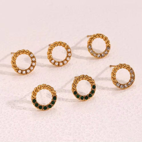 Vintage Twisted Zircon & Pearl Stud Earring 18K Gold Plated Stainless Steel Earring Women Jewelry