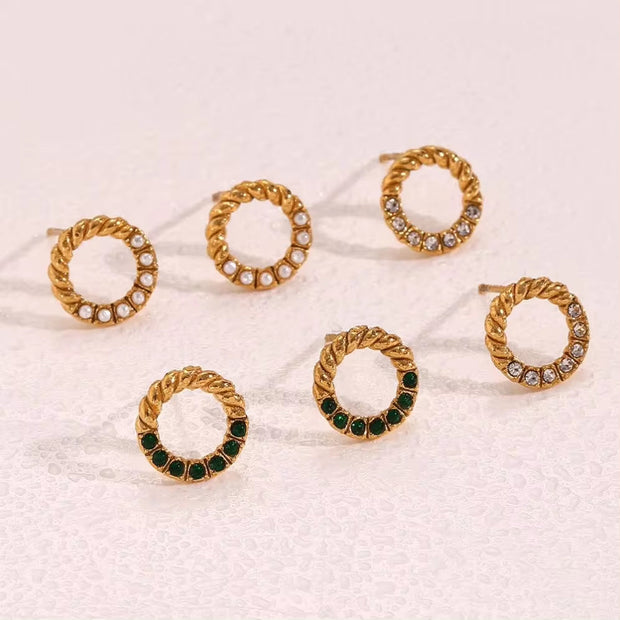 Vintage Twisted Zircon & Pearl Stud Earring 18K Gold Plated Stainless Steel Earring Women Jewelry