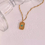 Vintage Tarnish Free Square Sunburst Turquoise Pendant Necklace 18K Gold Plated Stainless Steel Necklace
