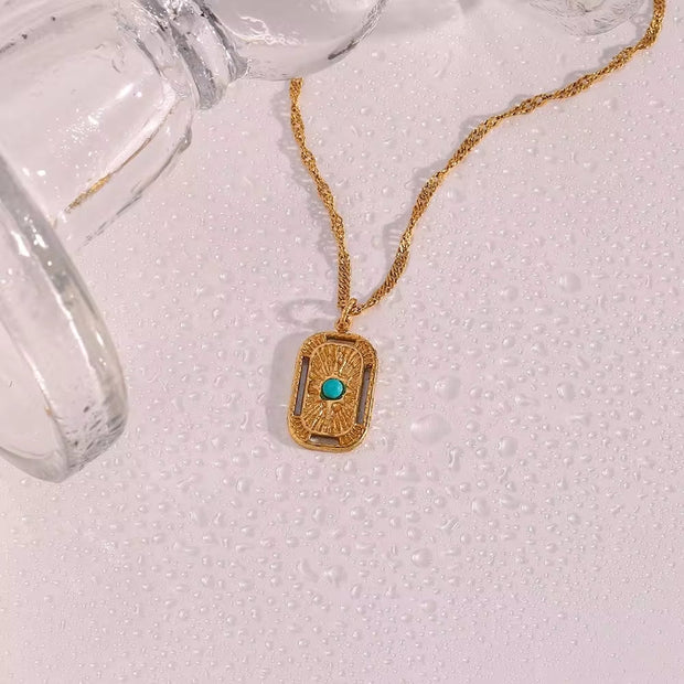 Vintage Tarnish Free Square Sunburst Turquoise Pendant Necklace 18K Gold Plated Stainless Steel Necklace