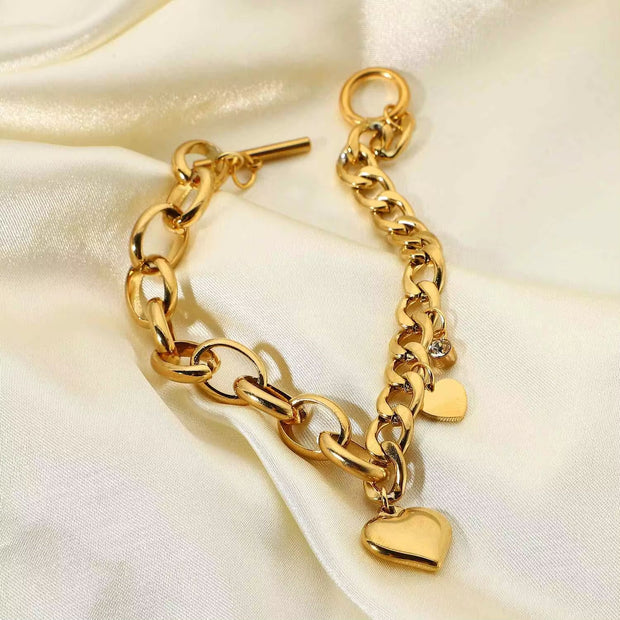 18K Gold Plated OT Buckle Cubic Zircon Heart Stainless Steel Chunky Cuban Chain Bracelet