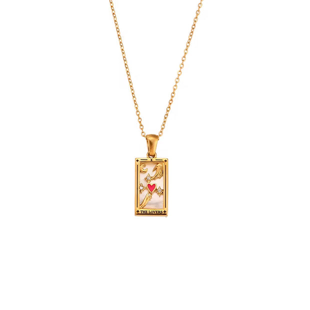 Trendy Square Colorful Enamel Zircon Tarot Cards Pendant Necklace 18K Gold Plated Stainless Steel Necklaces for Women