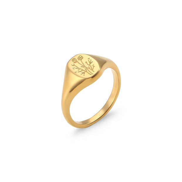Tarnish Free Wildflower Signet Rings Set Stainless Steel PVD Gold Plated Chunky Rings Minimalist Jewelry