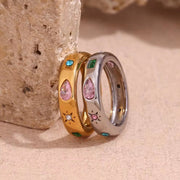 Valentines Day Gift 2024 Colorful Zircon Signet Ring Gold Plated Stainless Steel Rings Women