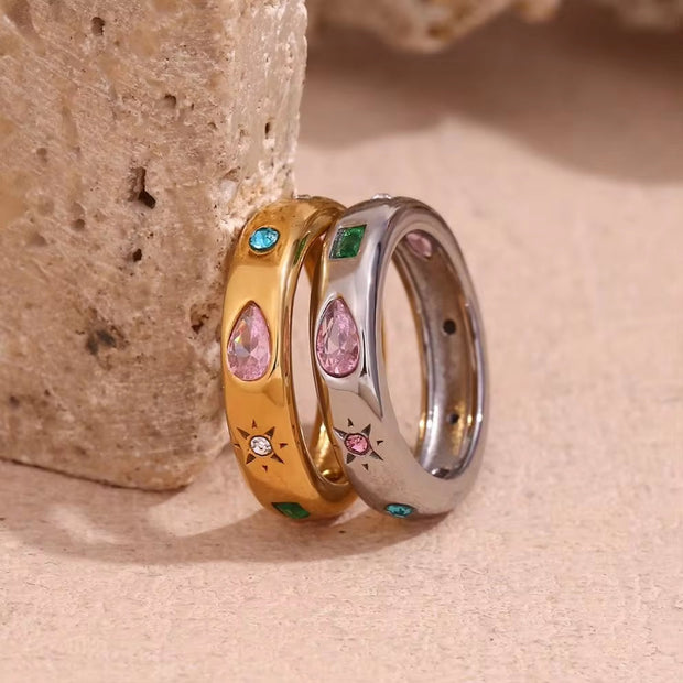 Valentines Day Gift 2024 Colorful Zircon Signet Ring Gold Plated Stainless Steel Rings Women