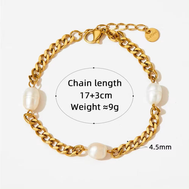 Vintage Pearl Charm Cuban Link Chain Bracelet 18K Gold Plated Stainless Steel Chain Bracelet