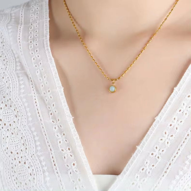 Vintage Style Design Oval Shaped Beaded Metal Chain Natural Stone Pendant Stainless Steel Necklace Jewelry for Women