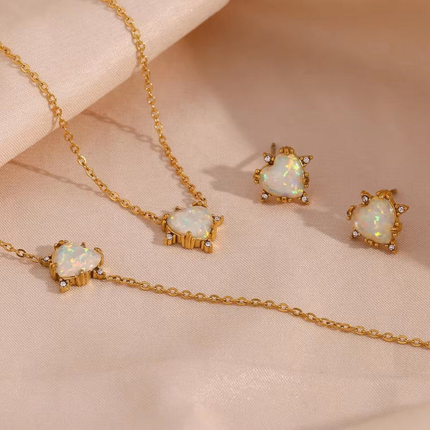 2024 Jewelry Heart Shape Opal Necklace Stainless Steel Jewelry Set for Women 18K Gold Plated Necklace Bracelet Earring
