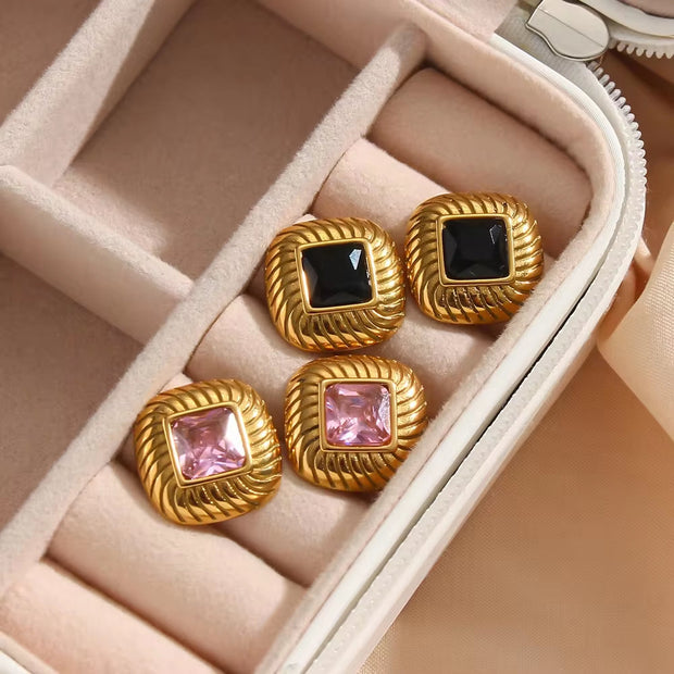 Vintage Texture Rhombus Zircon Stud Earrings Stainless Steel Statement Earring 2024 Gold Plated Earrings