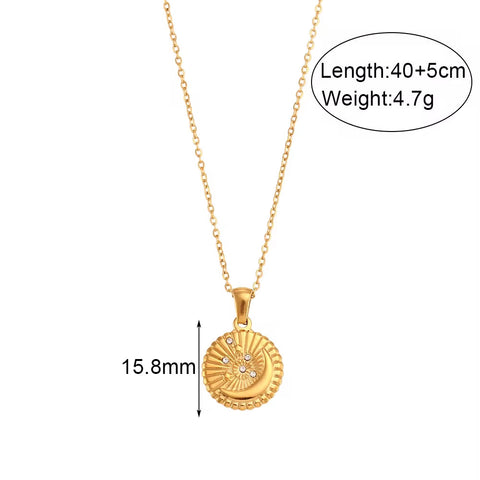 Vintage round Sunburst Texture Moon Star Zircon Pendant Necklace Stainless Steel Necklace Design Jewelry