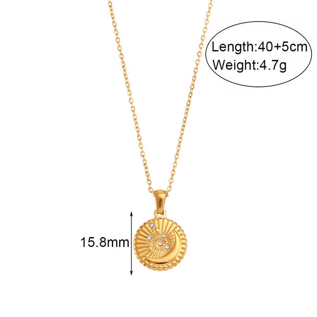 Vintage round Sunburst Texture Moon Star Zircon Pendant Necklace Stainless Steel Necklace Design Jewelry