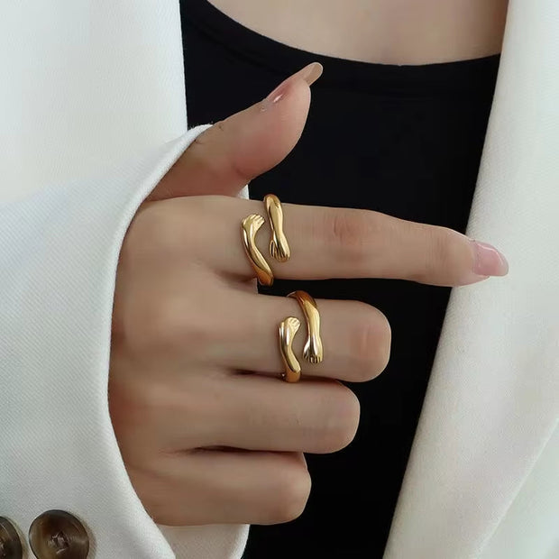 18K Gold Plated Cute Hand Hug Stainless Steel Embrace Hug Finger Open Ring Women