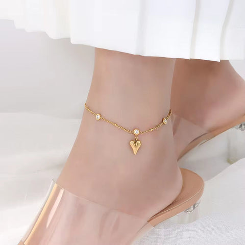 Wholesale New Zircon Three-Dimensional Love Heart Pendant 18K Gold Plated Ankle Chain Foot Jewelry Anklets