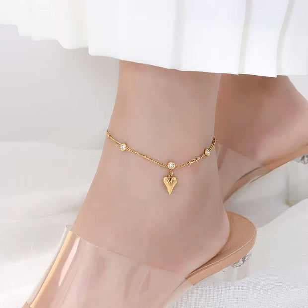 Wholesale New Zircon Three-Dimensional Love Heart Pendant 18K Gold Plated Ankle Chain Foot Jewelry Anklets