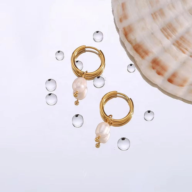 2023 New Design Fresh Water Pearl Hoop Earring 18K Gold Plated Hoop Earring Stainless Steel Tarnish Free Pearl Drop Earrings