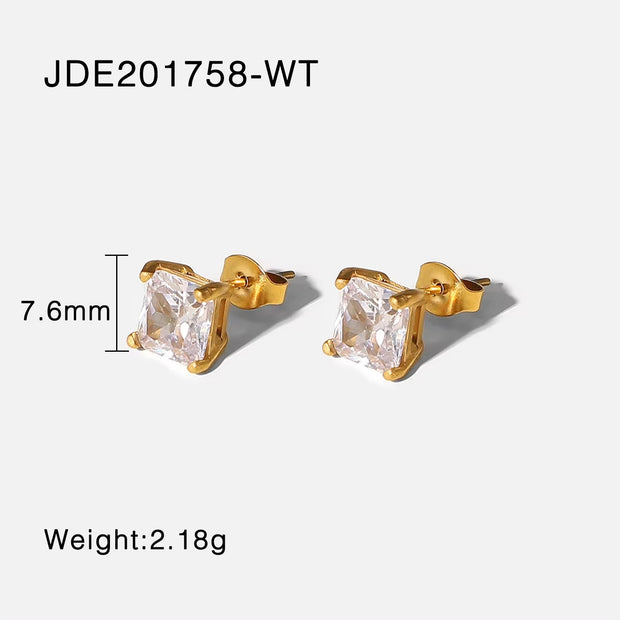18K Gold Plated Stainless Steel Jewelry Gift Square Earrings Colorful Cubic Zirconia Stud Earrings