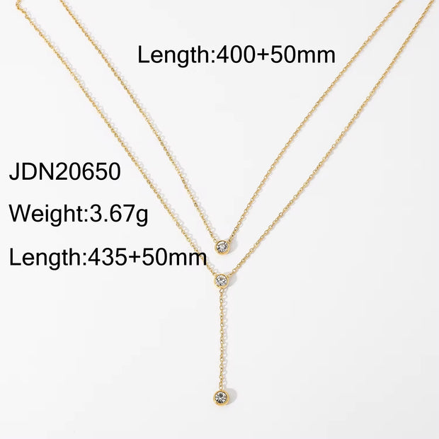 18K Gold Stainless Steel Y Shaped Dainty Chain Double Layer Shiny Cubic Zirconia Lariat Necklaces