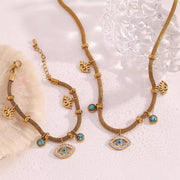 Vintage Turquoise Evil Eye Jewelry Gemstone Charm Choker Gold Plated Chain Necklace Stainless Steel Jewelry