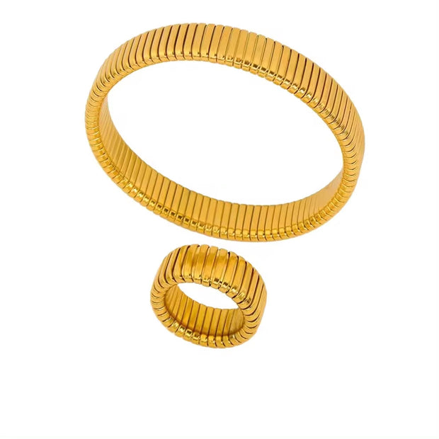 12Mm Thick Chunky Stainless Steel Elastic Bracelet Rings Jewelry Set Men Women Stylish PVD Gold Plated Ornaments
