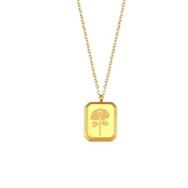 Vintage Engraved Square Birth Flower Pendant Necklace 18K Gold Plated Stainless Steel Tarot Necklace