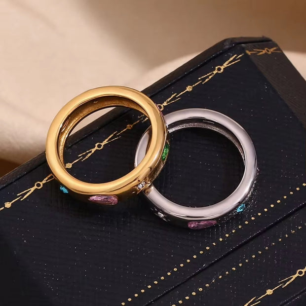Valentines Day Gift 2024 Colorful Zircon Signet Ring Gold Plated Stainless Steel Rings Women