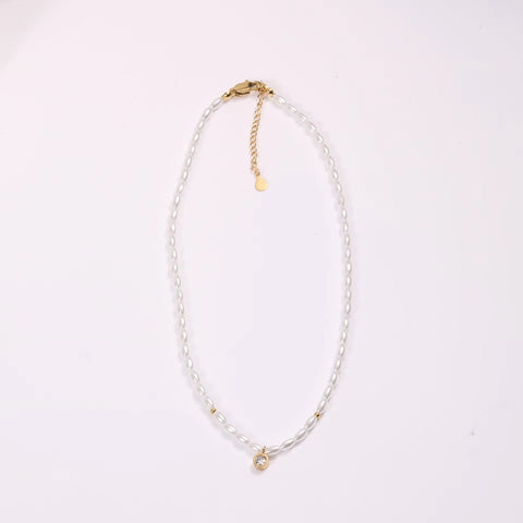 Waterproof Stainless Steel Seed Bead Choker Necklace Fashion Baroque Freshwater Pearl round Zircon Pendant Necklaces