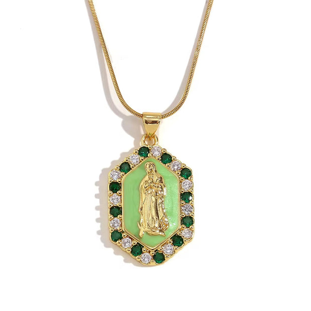 Valentine'S Day Jewelry Shining Zircon Virgin Mary Enamel Necklace Gold Plated Jewelry Stainless Steel Pendant Necklace