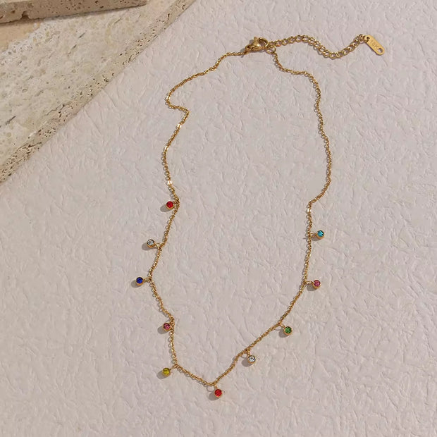 Waterproof Shining Dangle Colorful Diamond Cz Stainless Steel 18K Gold Rhinestone Choker Necklace