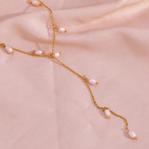 Valentines Fresh Water Pearls Tassel Necklace 18K Gold Plated Stainless Steel Chain Charm Necklace