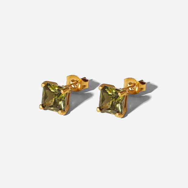 18K Gold Plated Stainless Steel Jewelry Gift Square Earrings Colorful Cubic Zirconia Stud Earrings