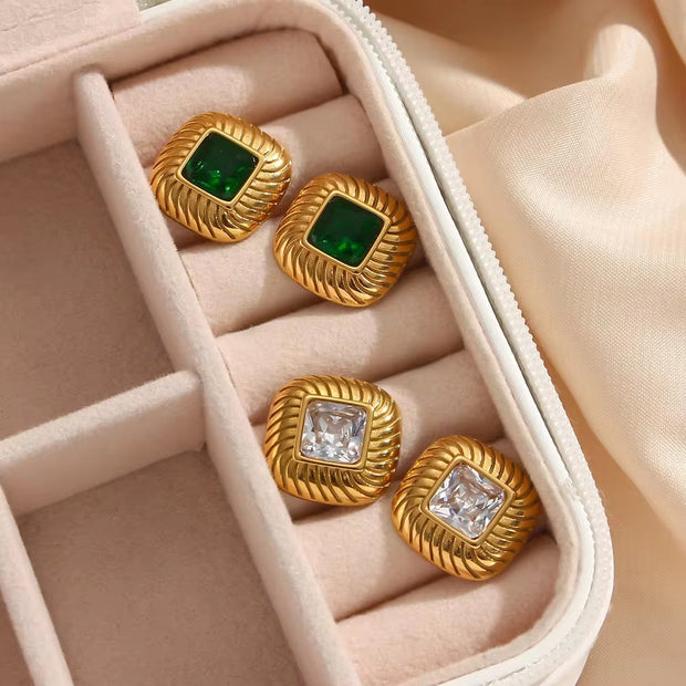 Vintage Texture Rhombus Zircon Stud Earrings Stainless Steel Statement Earring 2024 Gold Plated Earrings