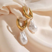 Vintage Baroque Pearl Charms Hypoallergenic Tarnish Free Stainless Steel Gold Hoop Earrings for Women