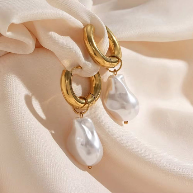 Vintage Baroque Pearl Charms Hypoallergenic Tarnish Free Stainless Steel Gold Hoop Earrings for Women