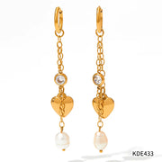 18K Gold 316 Stainless Steel Chain Link Natural Pearl Heart Long Drop Dangle Earrings for Women Waterproof Jewelry