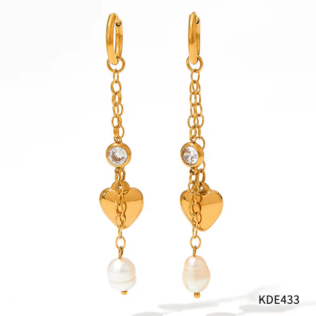 18K Gold 316 Stainless Steel Chain Link Natural Pearl Heart Long Drop Dangle Earrings for Women Waterproof Jewelry