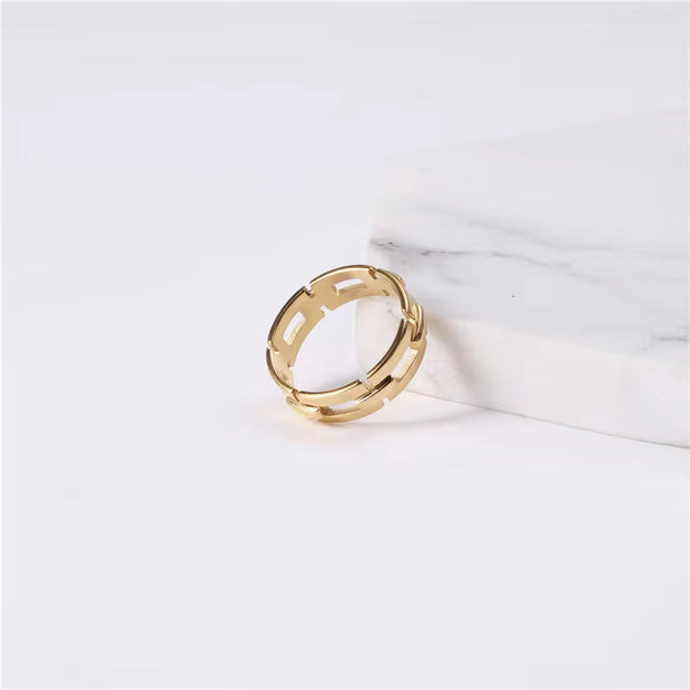 Water Proof 18K Plain Gold Chain Shape Hollow Ring Stainless Steel Trendy Simple Gold Plated Jewelry