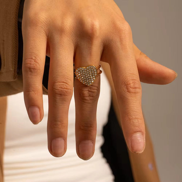 Wholesale No Tarnish 18K Gold Plated Heart Shaped Diamond Stainless Steel Double Layer Opening Rings