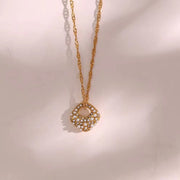 Tarnish Free Square Pearl & Zircon Pendant Necklace 18K Gold Plated Stainless Steel Necklace for Women