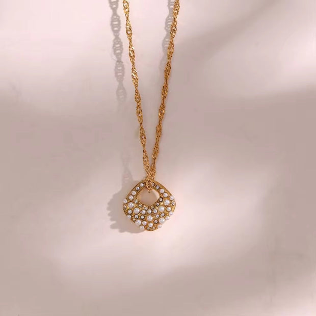 Tarnish Free Square Pearl & Zircon Pendant Necklace 18K Gold Plated Stainless Steel Necklace for Women
