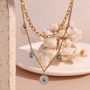Turquoise Evil Eye Charm Necklace Double Layer Chain Necklace Gold Plated Stainless Steel Jewelry