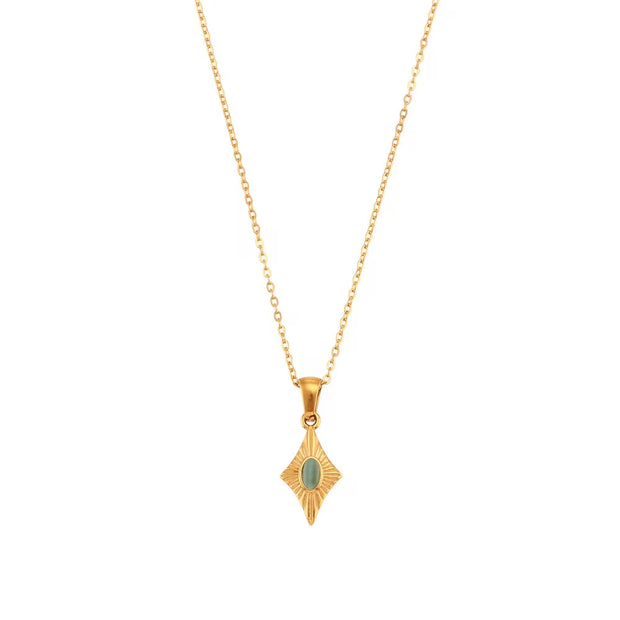 Vintage Engraved Rhombic Colorful Man-Made Opal Pendant Necklace 18K Gold Plated Stainless Steel Necklace Design Jewelry