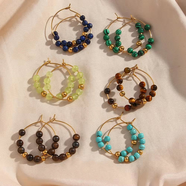 Vintage Natural Stone Earring Beaded Gold Plated Stainless Steel Hoop Earring Handmade Beaded Earrings