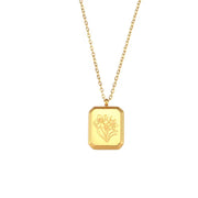 Vintage Engraved Square Birth Flower Pendant Necklace 18K Gold Plated Stainless Steel Tarot Necklace