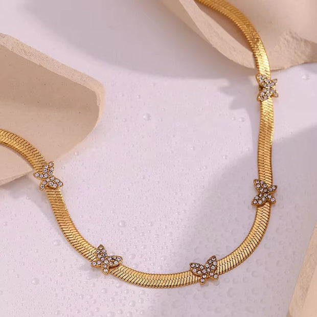 Zircon Butterfly PVD Gold Plated Jewelry Chain Necklace Stainless Steel Jewelry Choker Bulk Necklace Chains