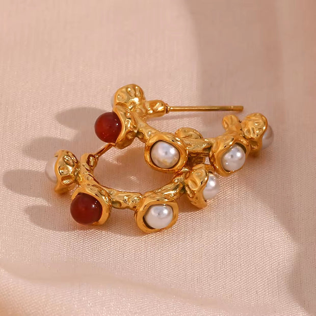 2023 New Arrivals Ruby Stud Earrings 18K Gold Plated Stainless Steel Pearl Bulk Wholesale Earrings